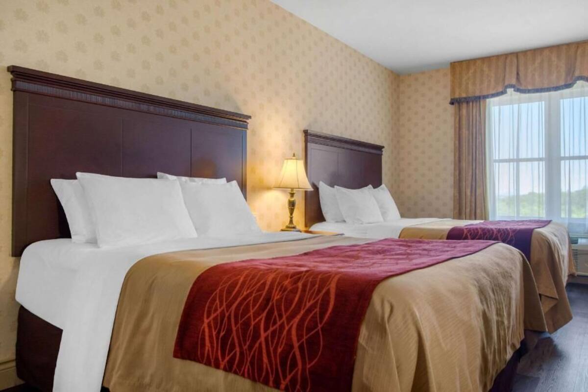 A hotel room with two beds, a nightstand, a lamp, and a window with curtains.