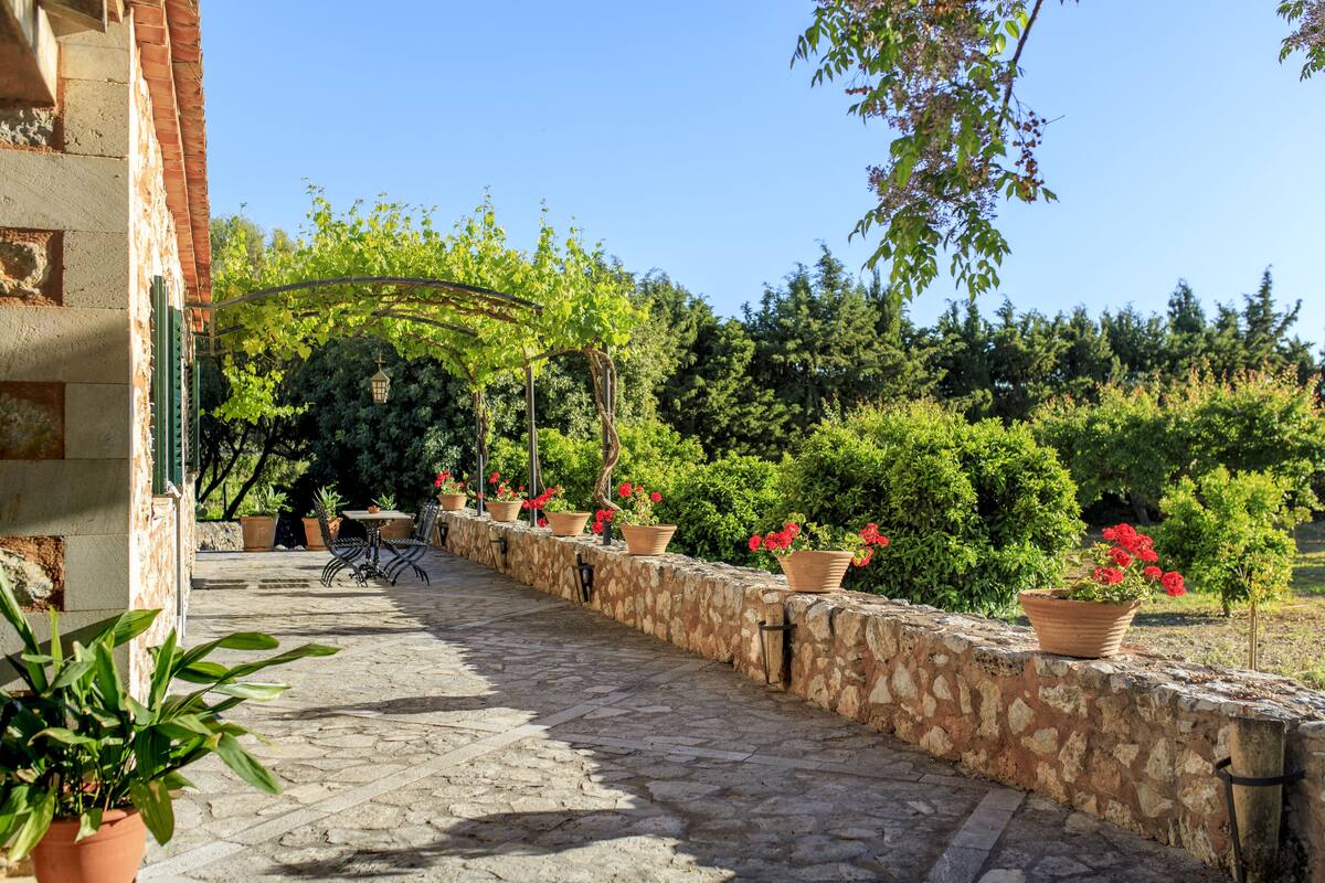 A stone pathway leading to a pergola with potted plants and flowers.