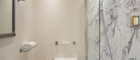 A bathroom with a marble wall, a glass shower enclosure, a toilet, and a sink with a mirror.