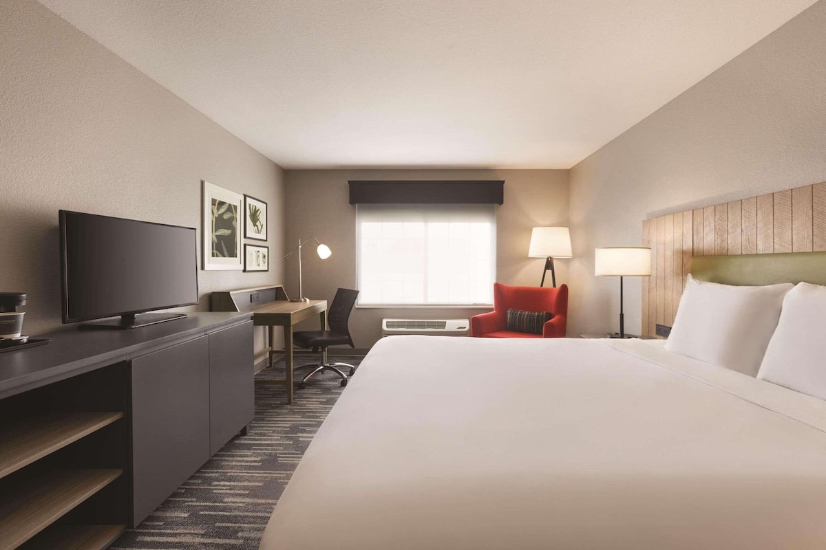 A hotel room with a large bed, a desk with a TV, a chair, and a window with blinds.
