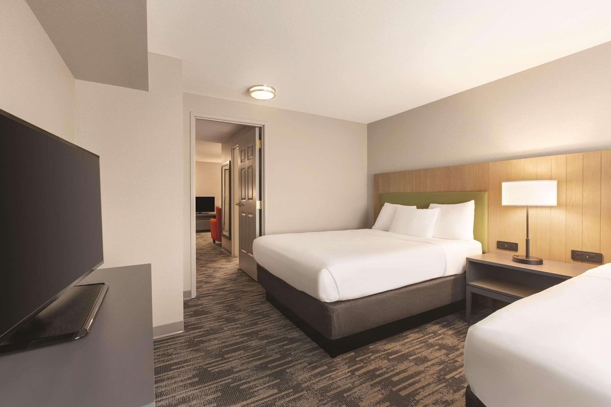 A hotel room with a bed, bedside table, lamp, and a television.