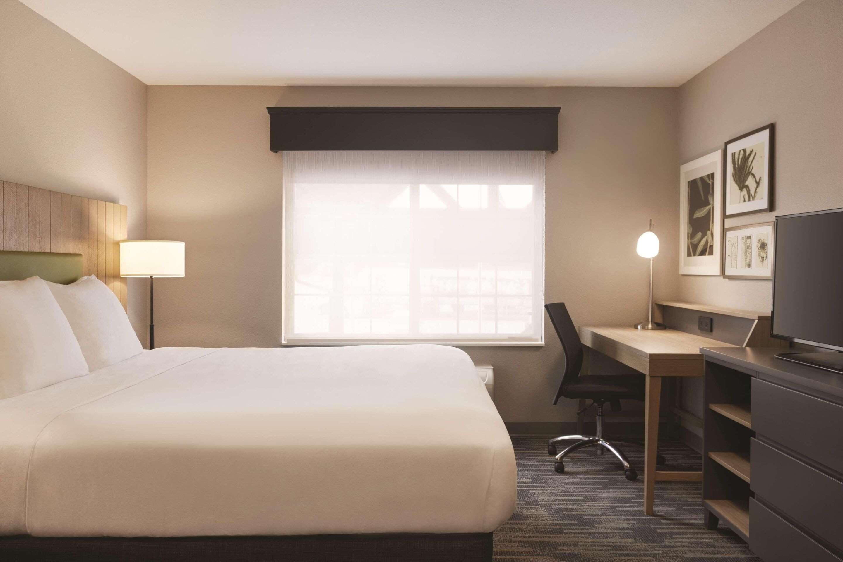 premium bedding, desk, blackout curtains, iron/ironing board