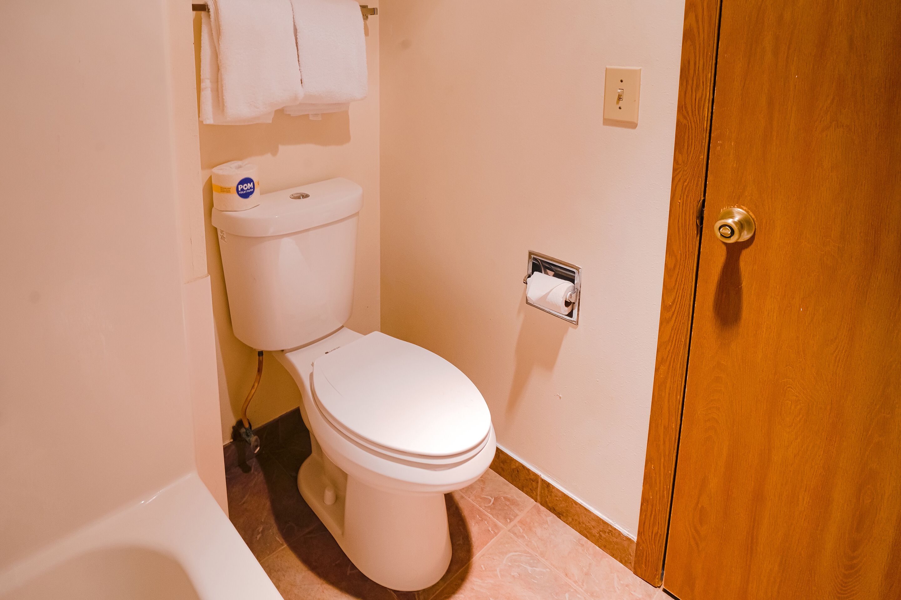 A bathroom with a toilet, a towel rack, and a wooden door.