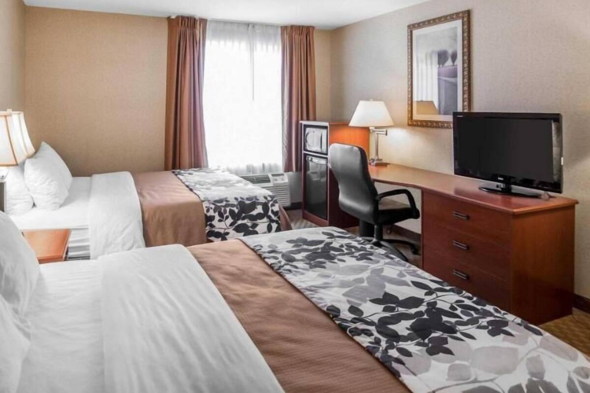 A hotel room with two beds, a desk with a television, a chair, and a mirror on the wall.