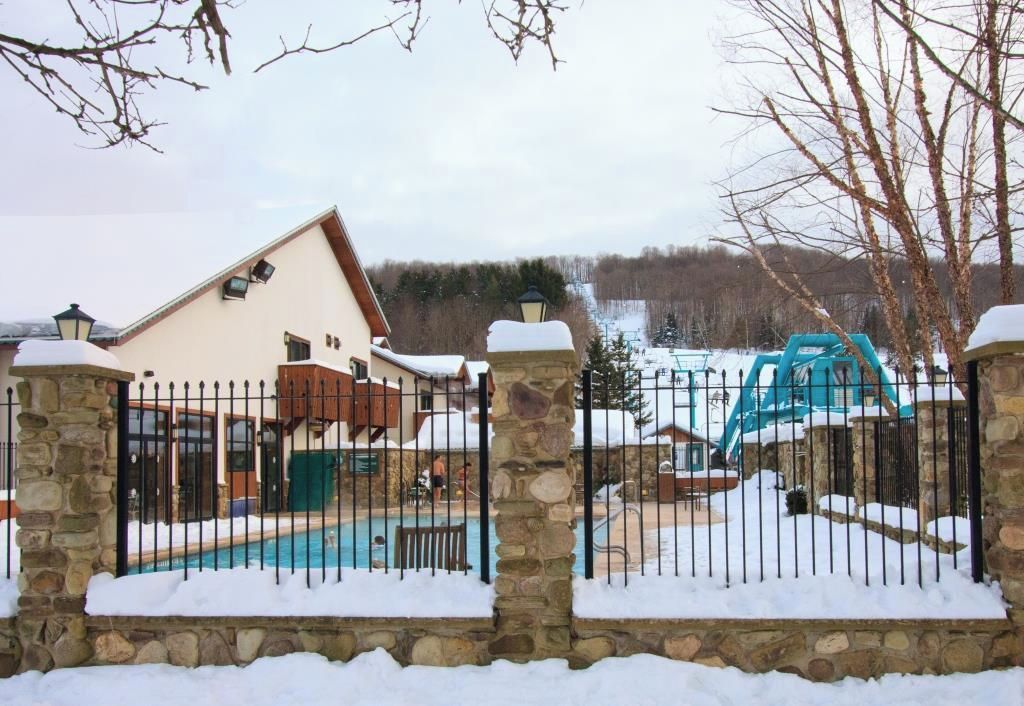 A gated pool area with a stone wall, a pool, and a slide.