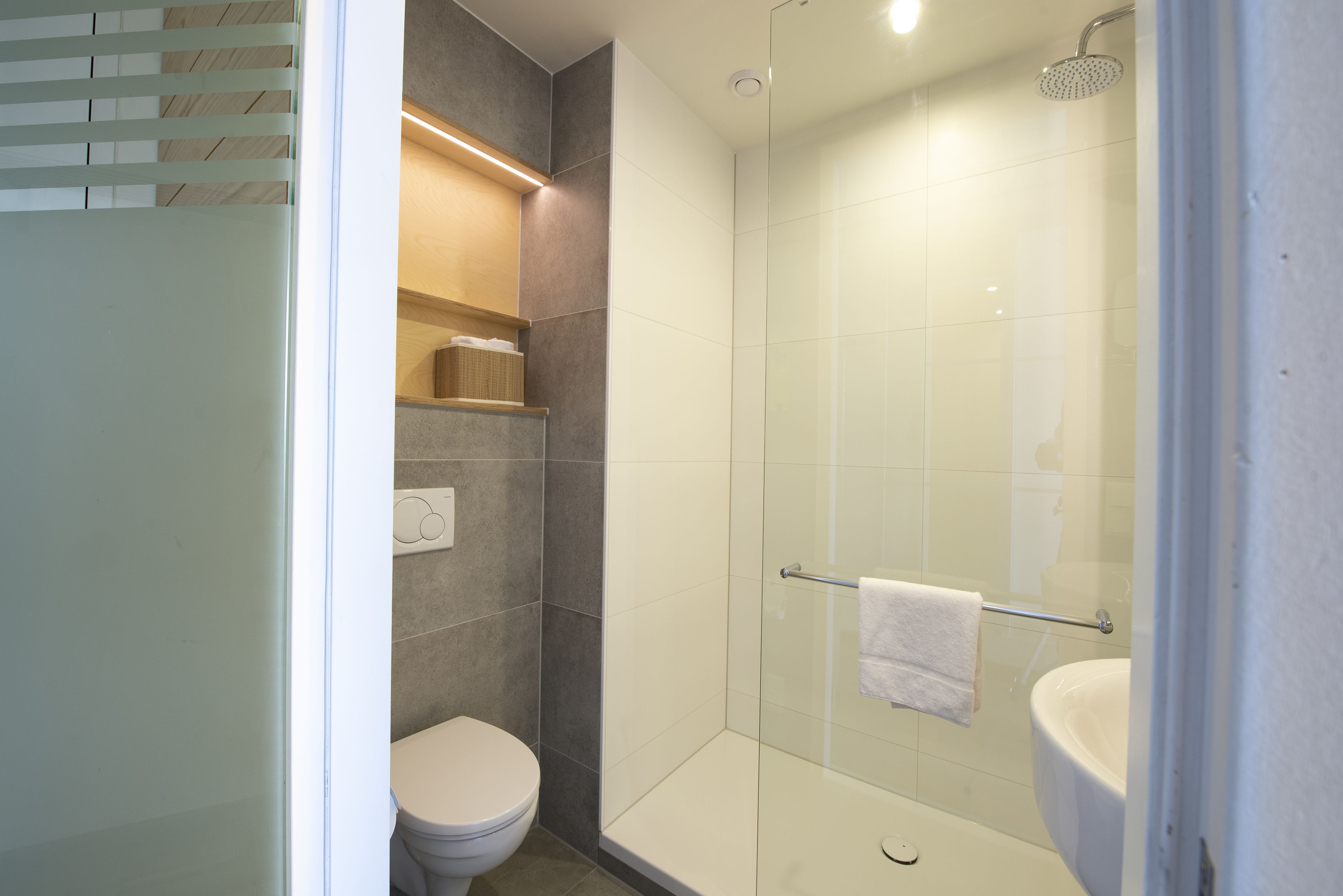 A modern bathroom with a glass-enclosed shower, a toilet, and a sink.