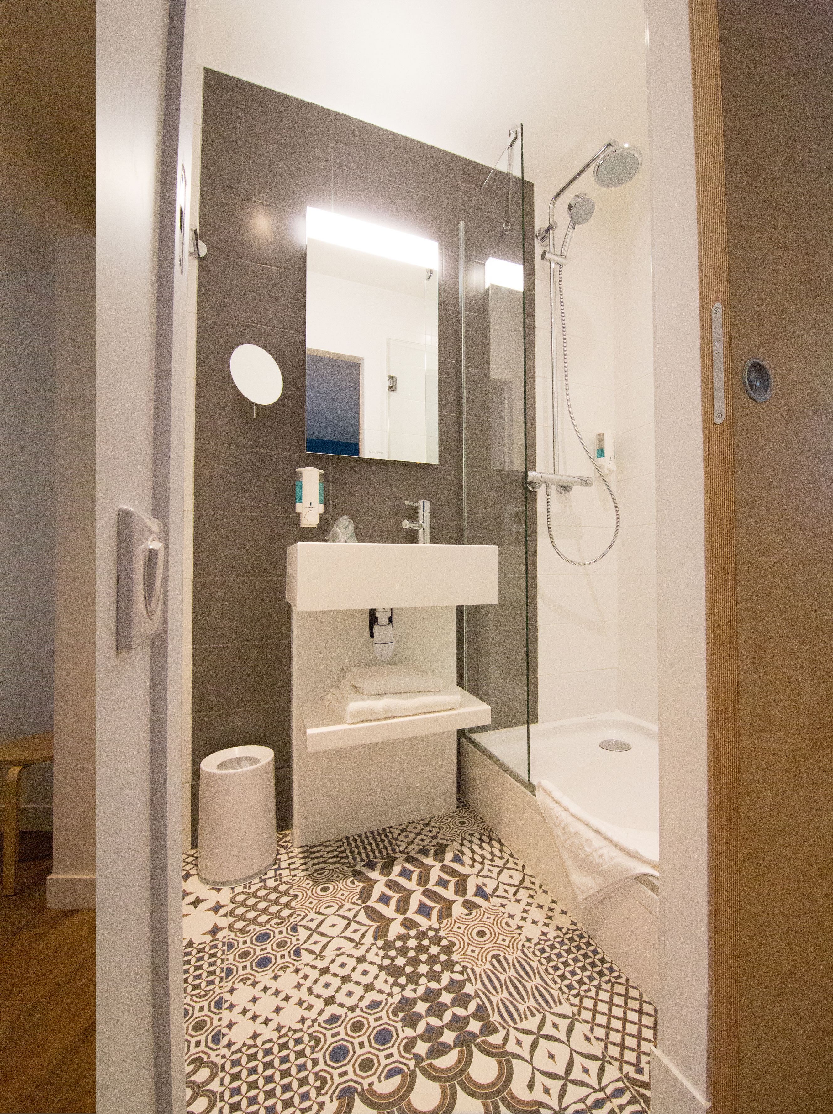 single room | bathroom | shower, rainfall showerhead, hair dryer, towels