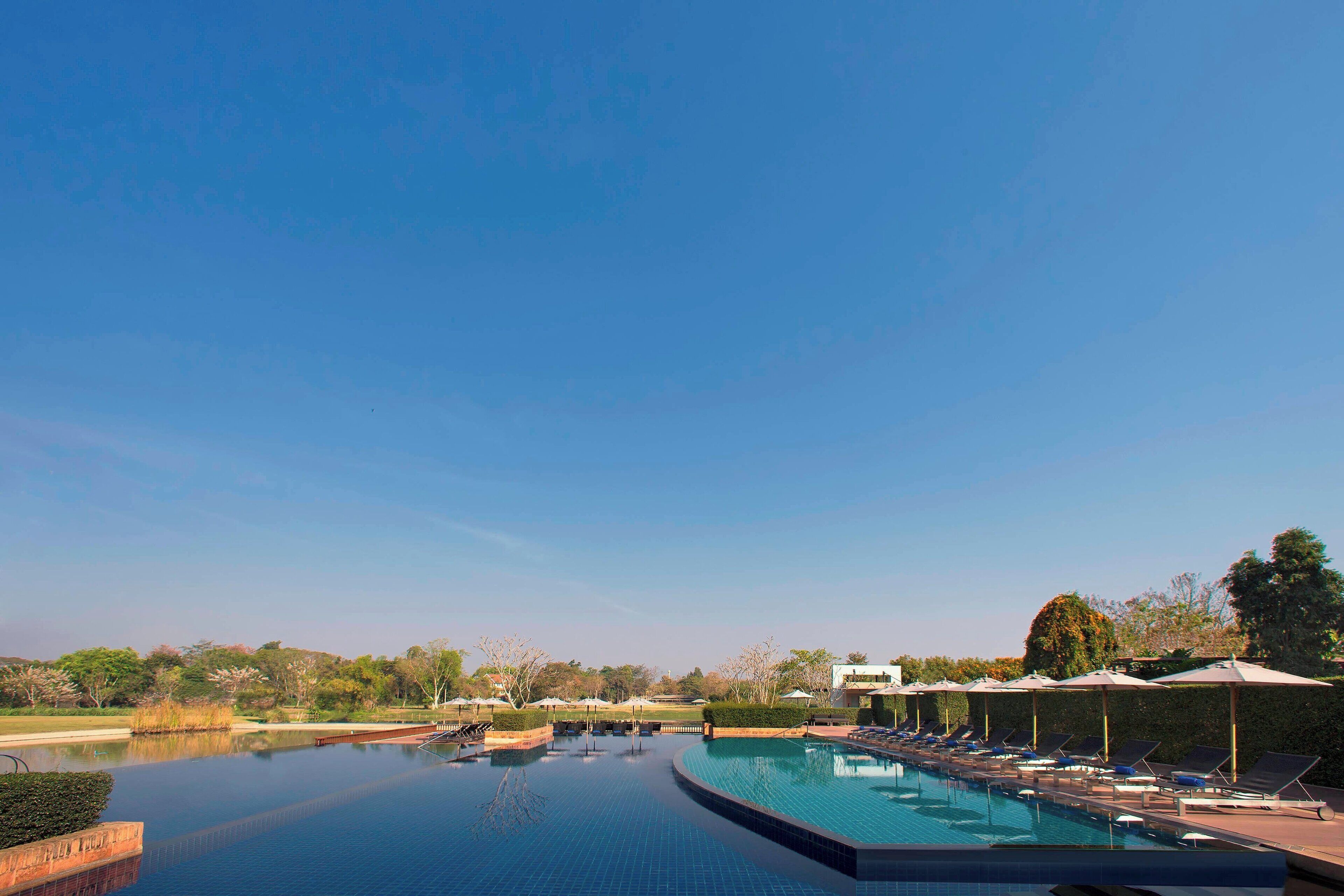 Una piscina amplia y transparente con sillas de descanso y sombrillas, rodeada de follaje y un cielo despejado.