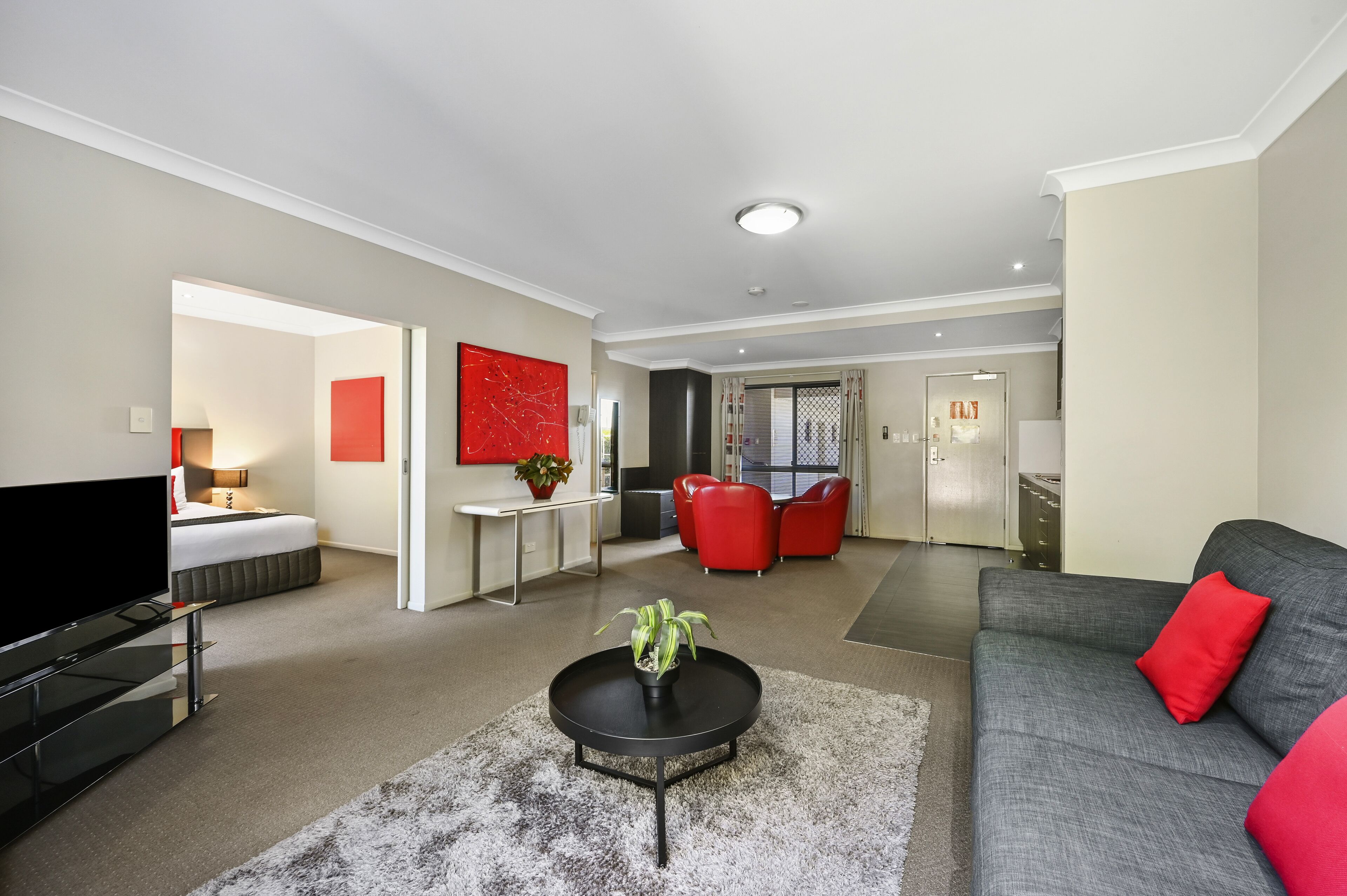 A modern living room with a flat-screen TV, a sofa, a coffee table with a plant, and red chairs.