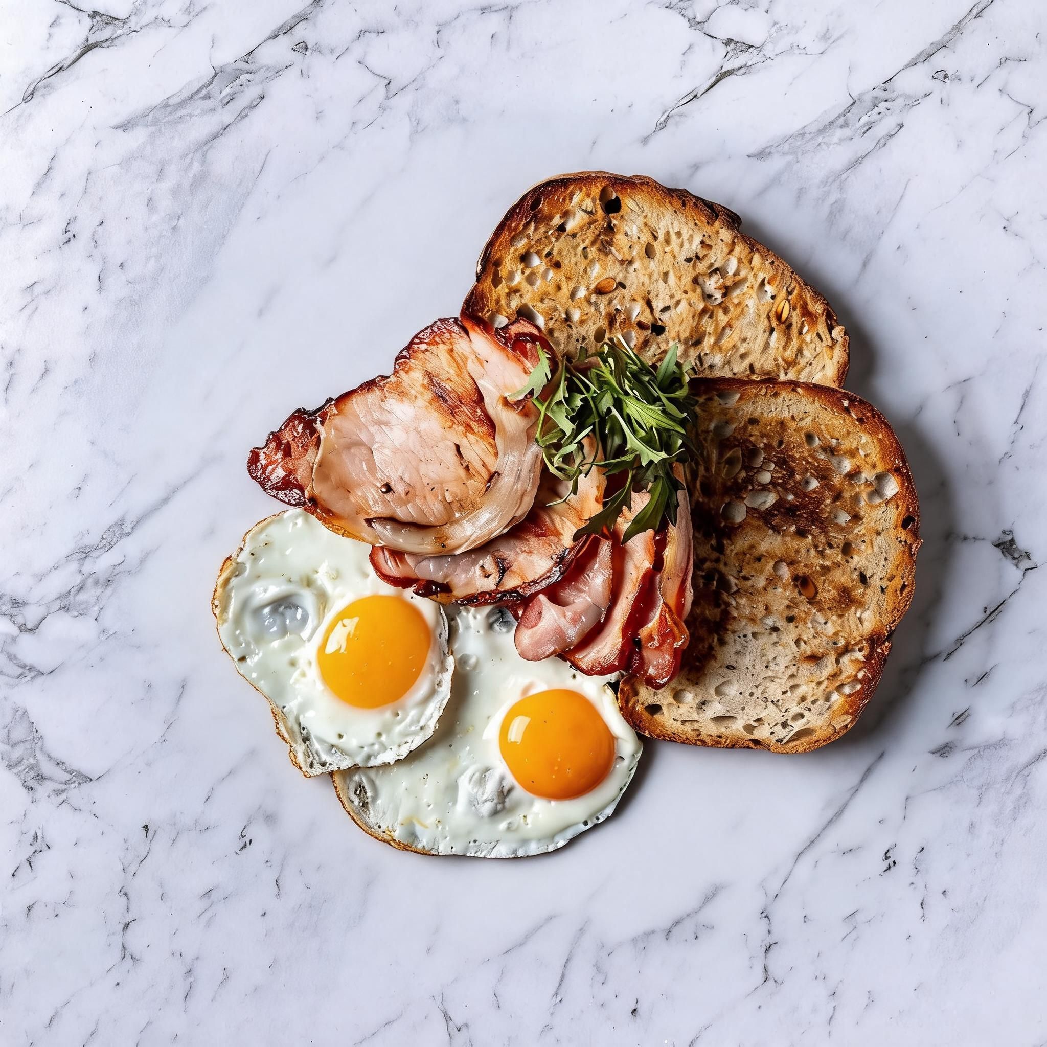 A breakfast plate with eggs, bacon, arugula, and toasted bread on a marble surface.