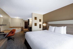 Una habitación de hotel con cama, escritorio, silla y baño.