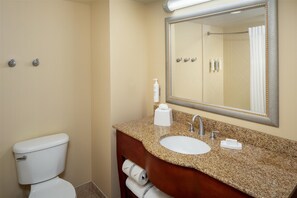 A bathroom with a toilet, sink, and mirror.
