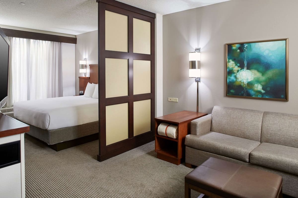 Une chambre d’hôtel avec un lit, un canapé, une petite table, une télévision et un tableau au mur.