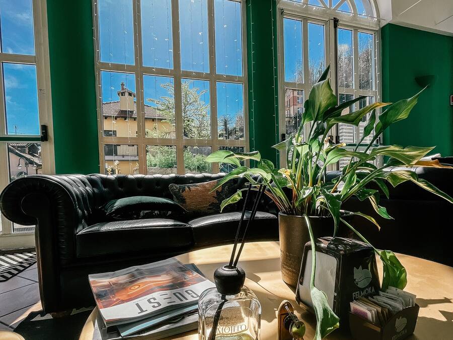 A room with a black leather sofa, a round table with a magazine, a bottle, and a plant. Large windows with green walls and a view of buildings are visible.