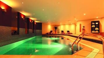 Indoor pool, outdoor pool, pool loungers