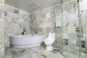 Habitación doble Premium | Baño | Tina y regadera independientes, tina profunda, secadora de cabello