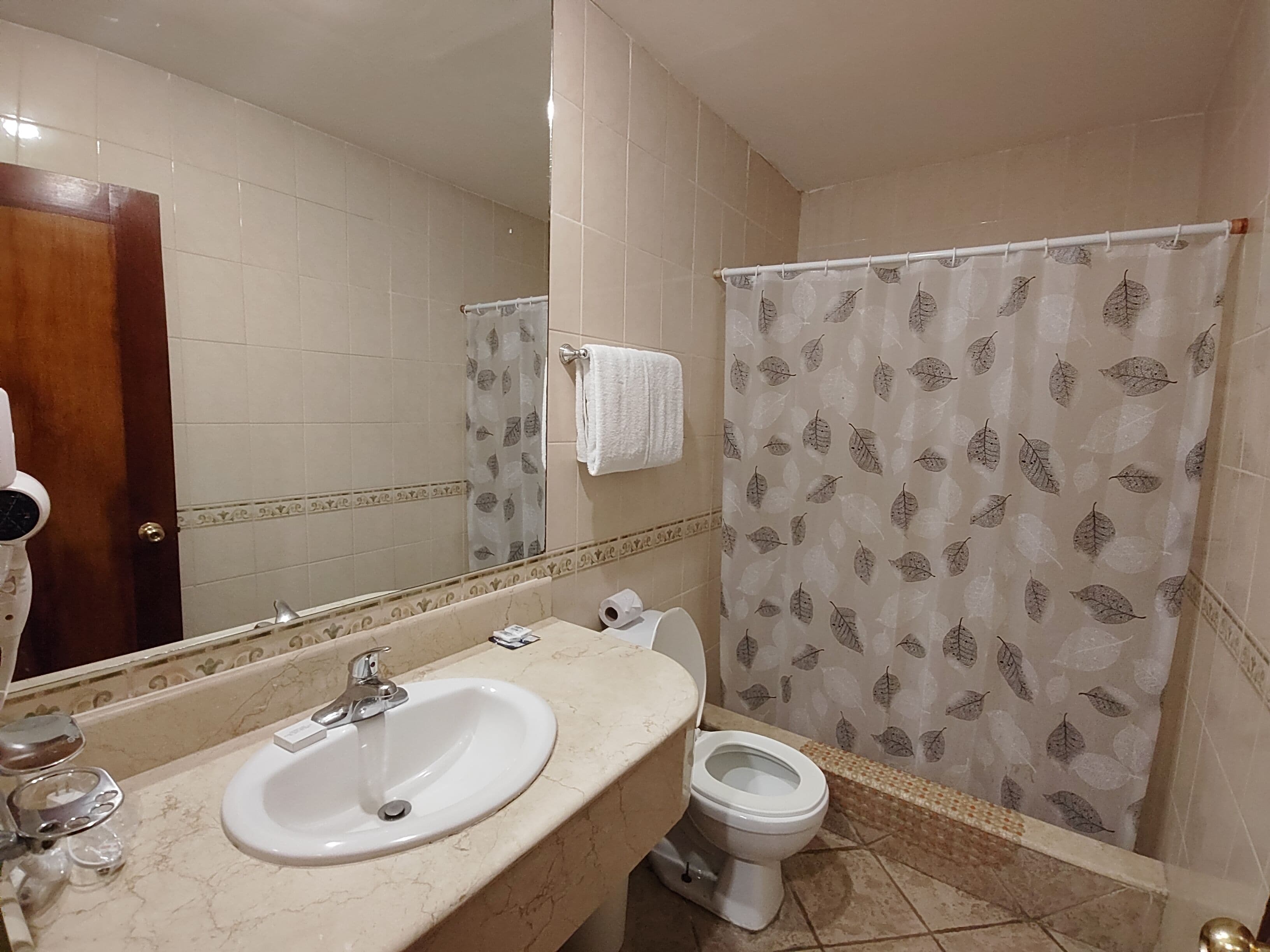 A bathroom with a sink, toilet, and shower curtain.