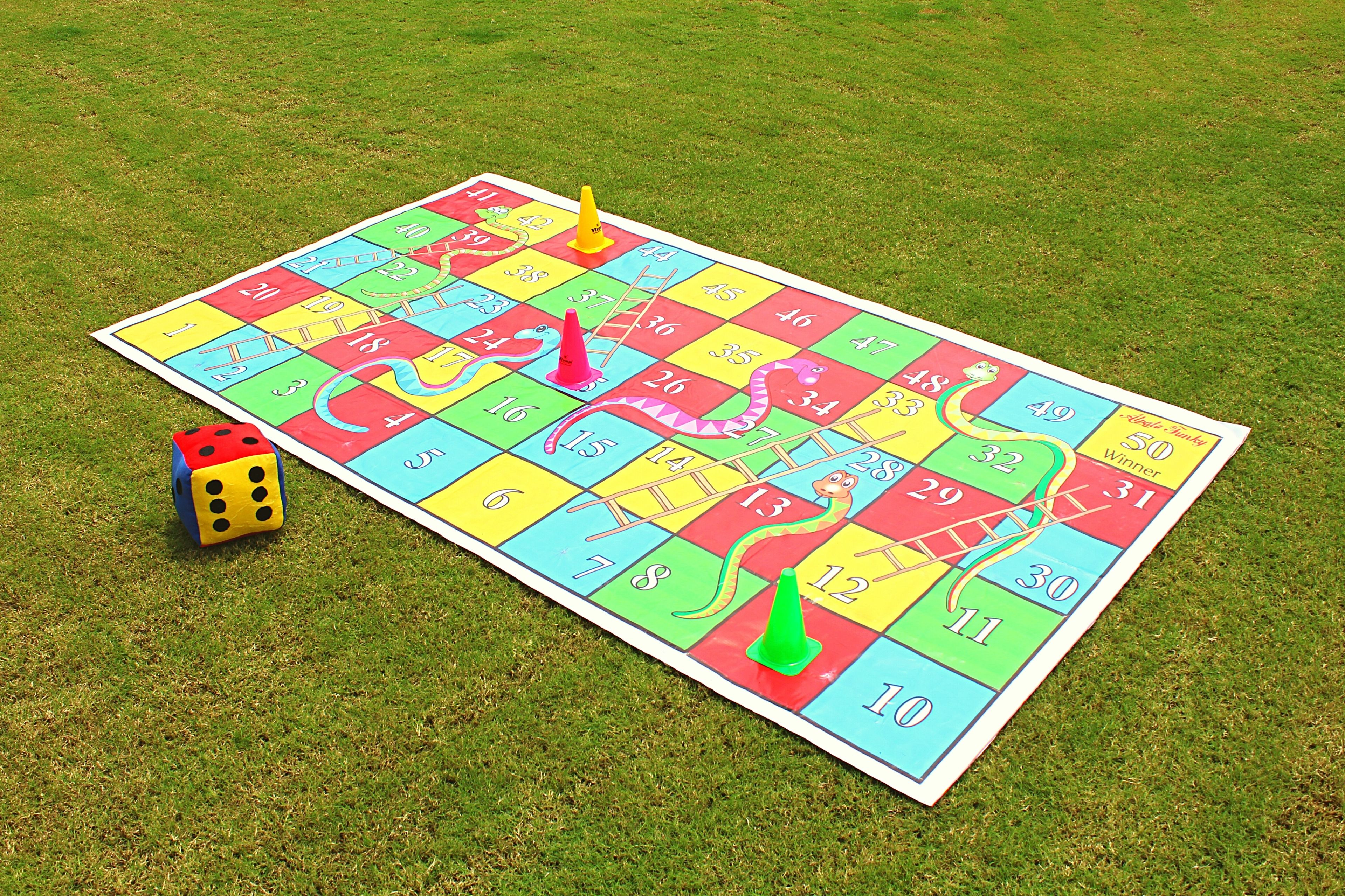 A board game on a grassy field.