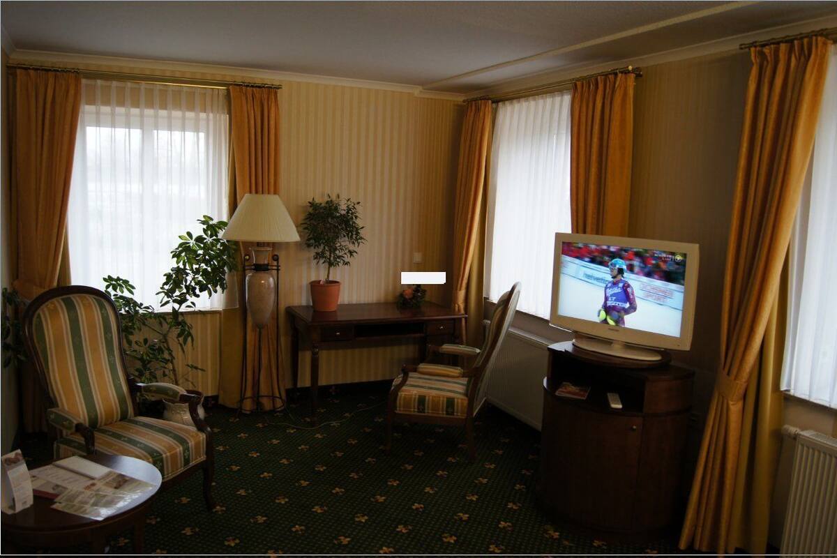 Ein Hotelzimmer mit Fernseher, Schreibtisch, Stuhl, Lampe und einer Topfpflanze.