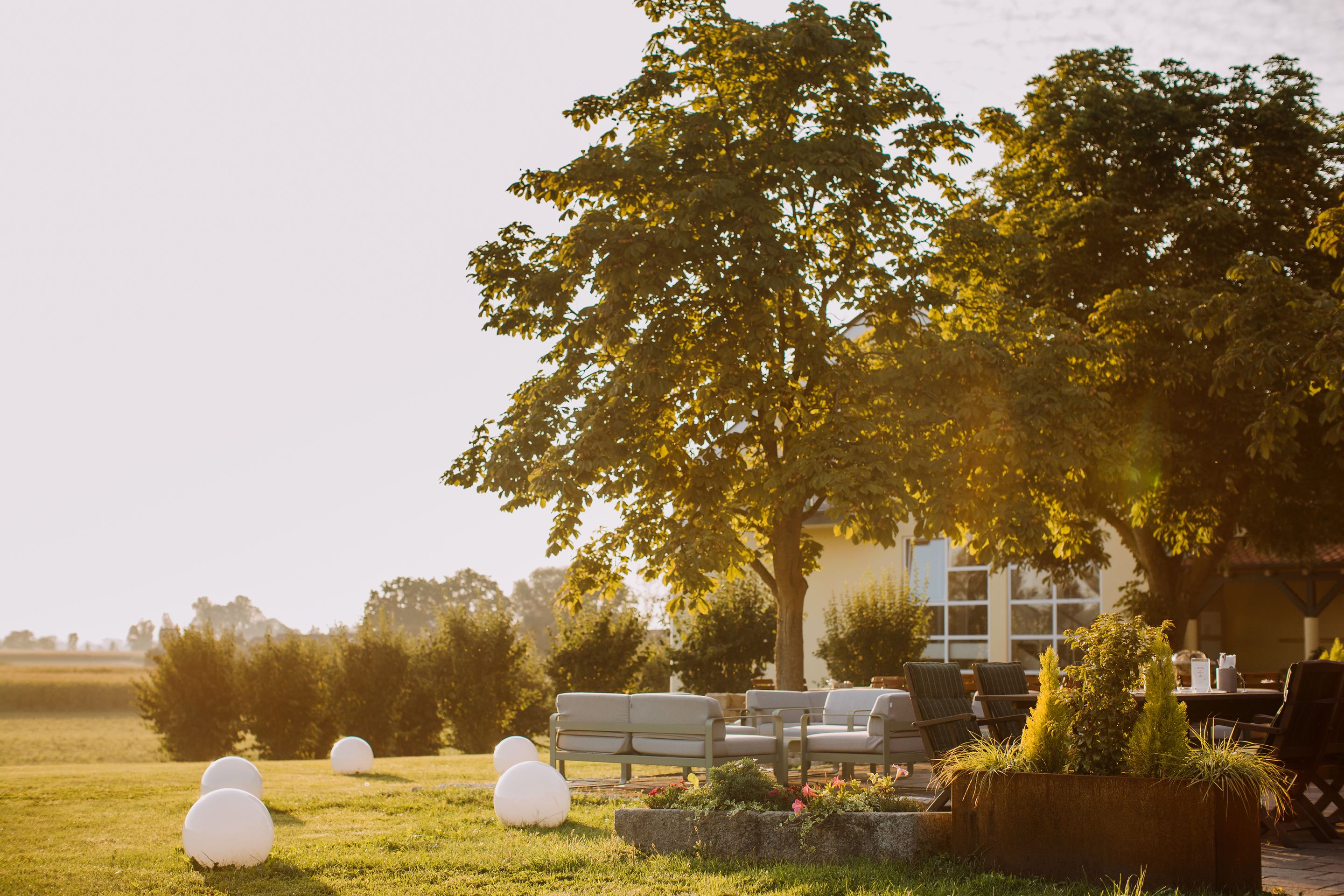 A patio area with outdoor seating, a large tree, and spherical decorations.