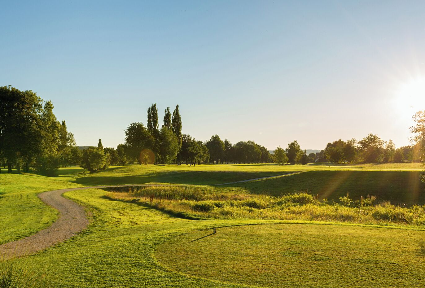 Um campo de golfe com um caminho sinuoso, áreas gramadas e árvores sob um céu claro.