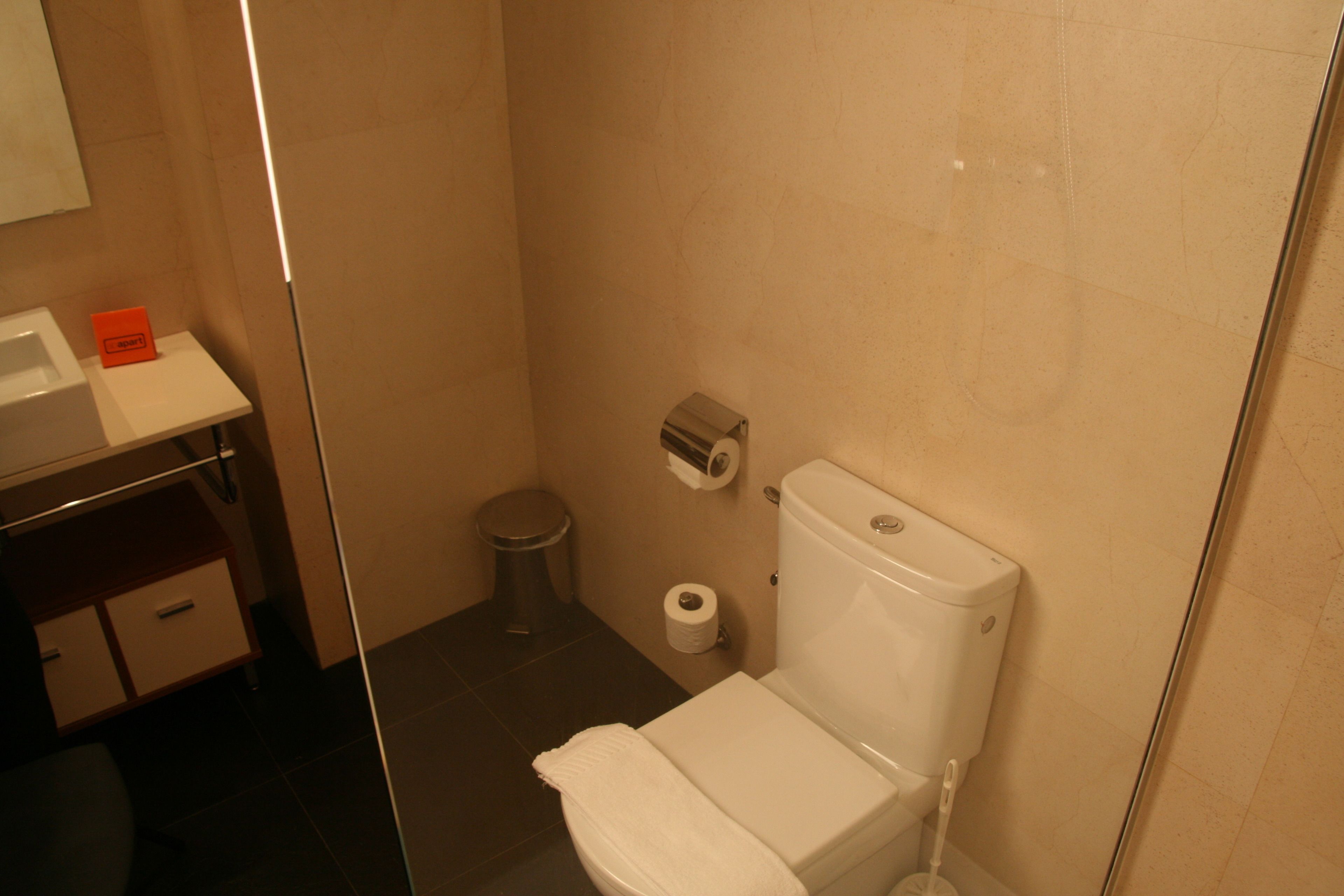 A small bathroom with a toilet, a trash can, and a roll of toilet paper on the wall.