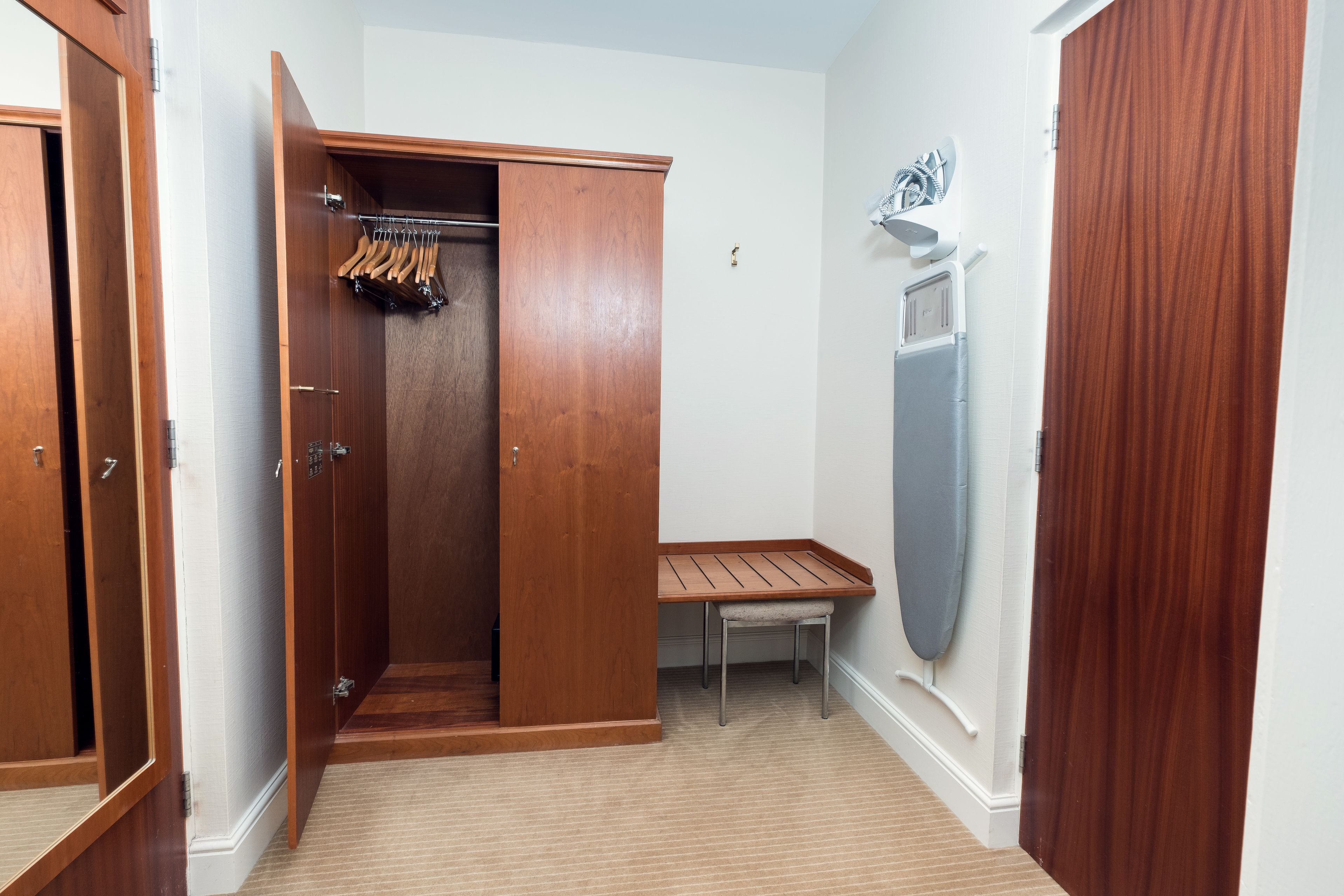 hypo-allergenic bedding, desk, blackout curtains, iron/ironing board