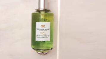 A bottle of Gilchrist & Soames hair and body wash.