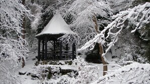 A gazebo in a snowy forest setting.