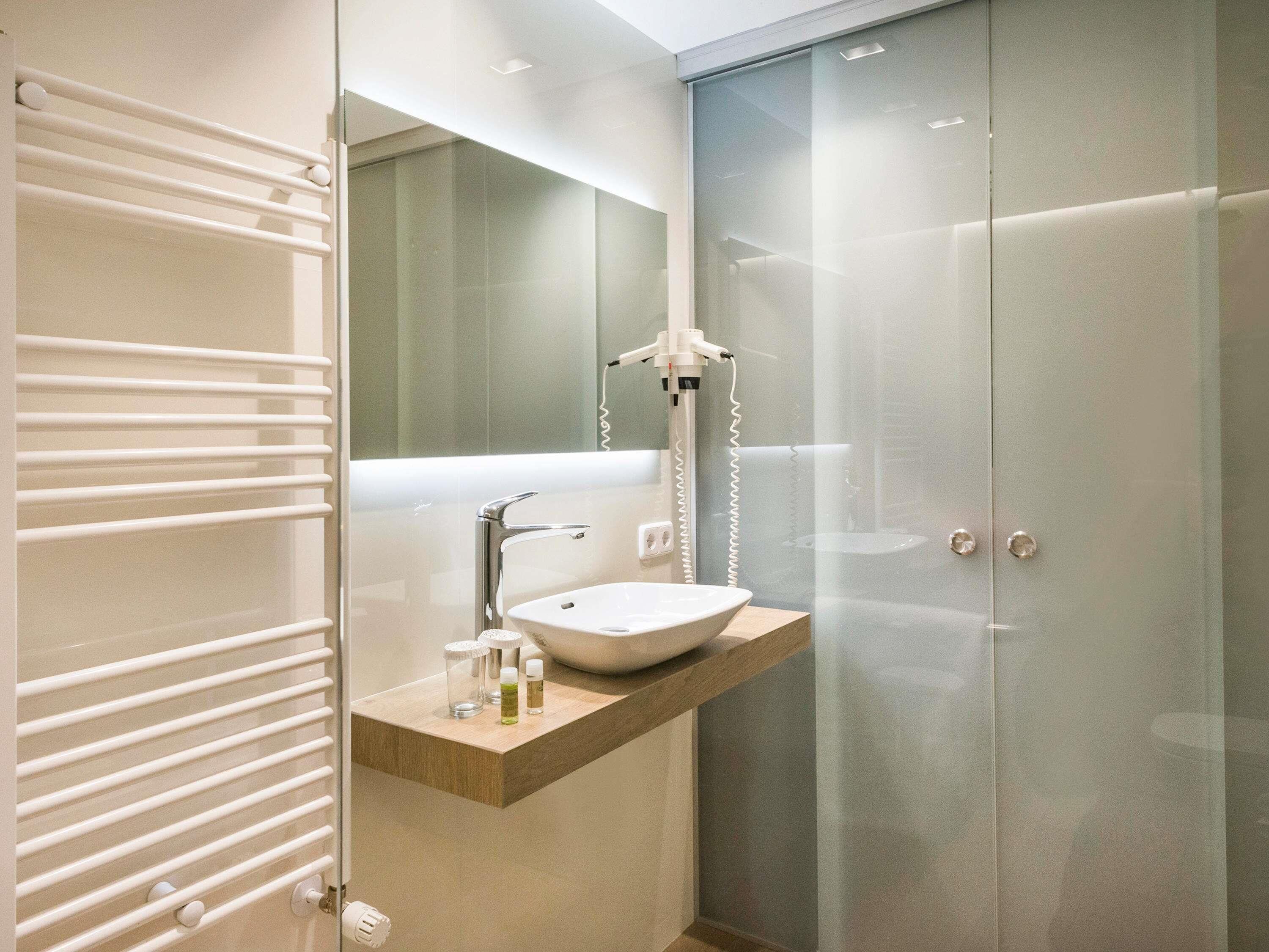A modern bathroom with a glass shower enclosure, a white sink, and a mirror above it.
