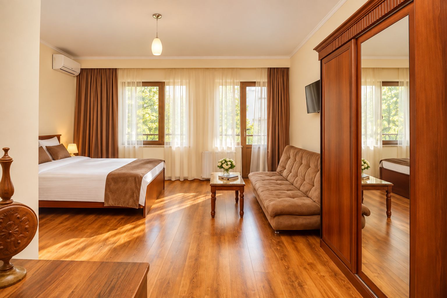 Une chambre d’hôtel avec un lit, un canapé, une petite table et un miroir.
