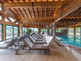 Indoor pool, outdoor pool, pool umbrellas, sun loungers