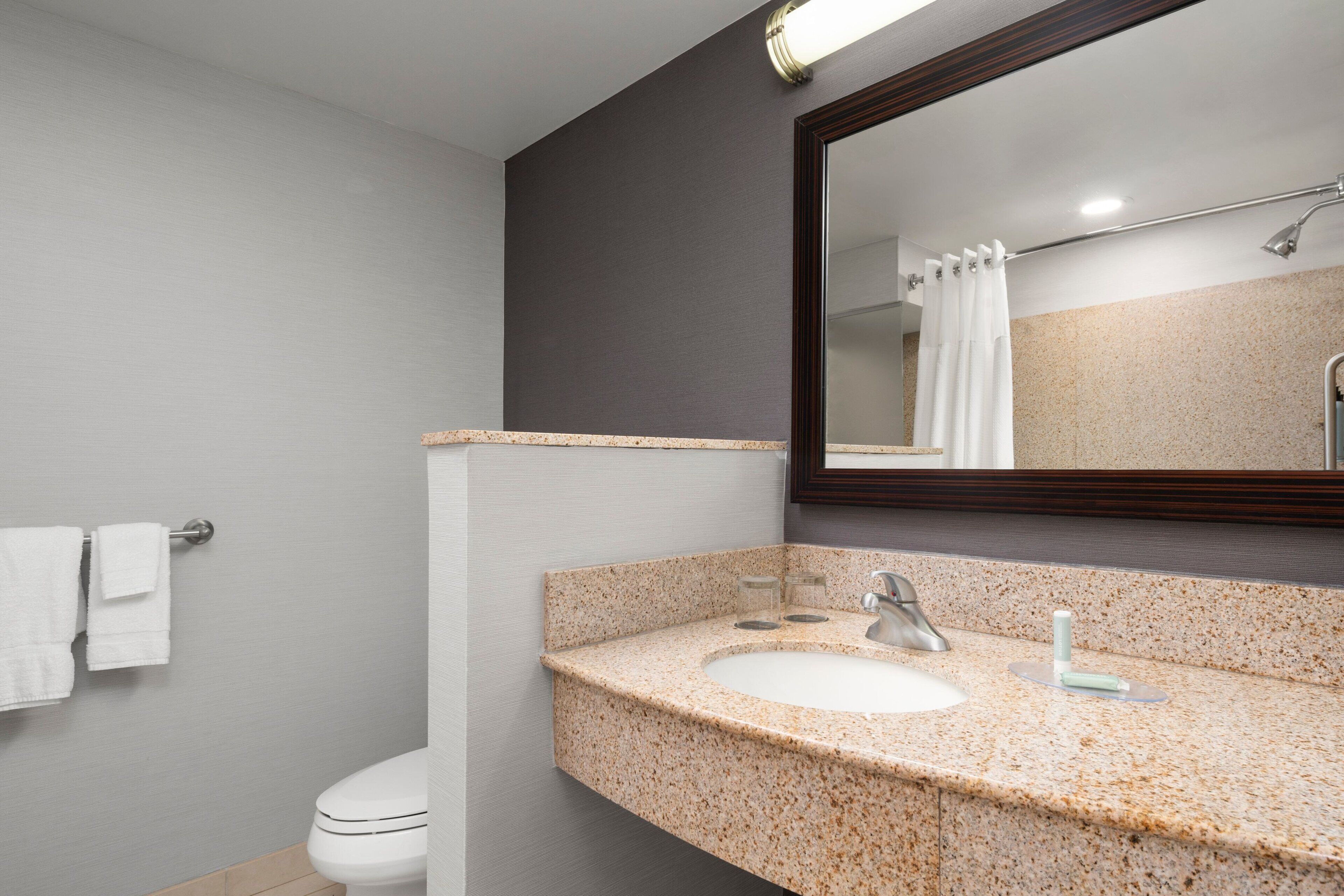 combined shower/bathtub, free toiletries, hair dryer, towels