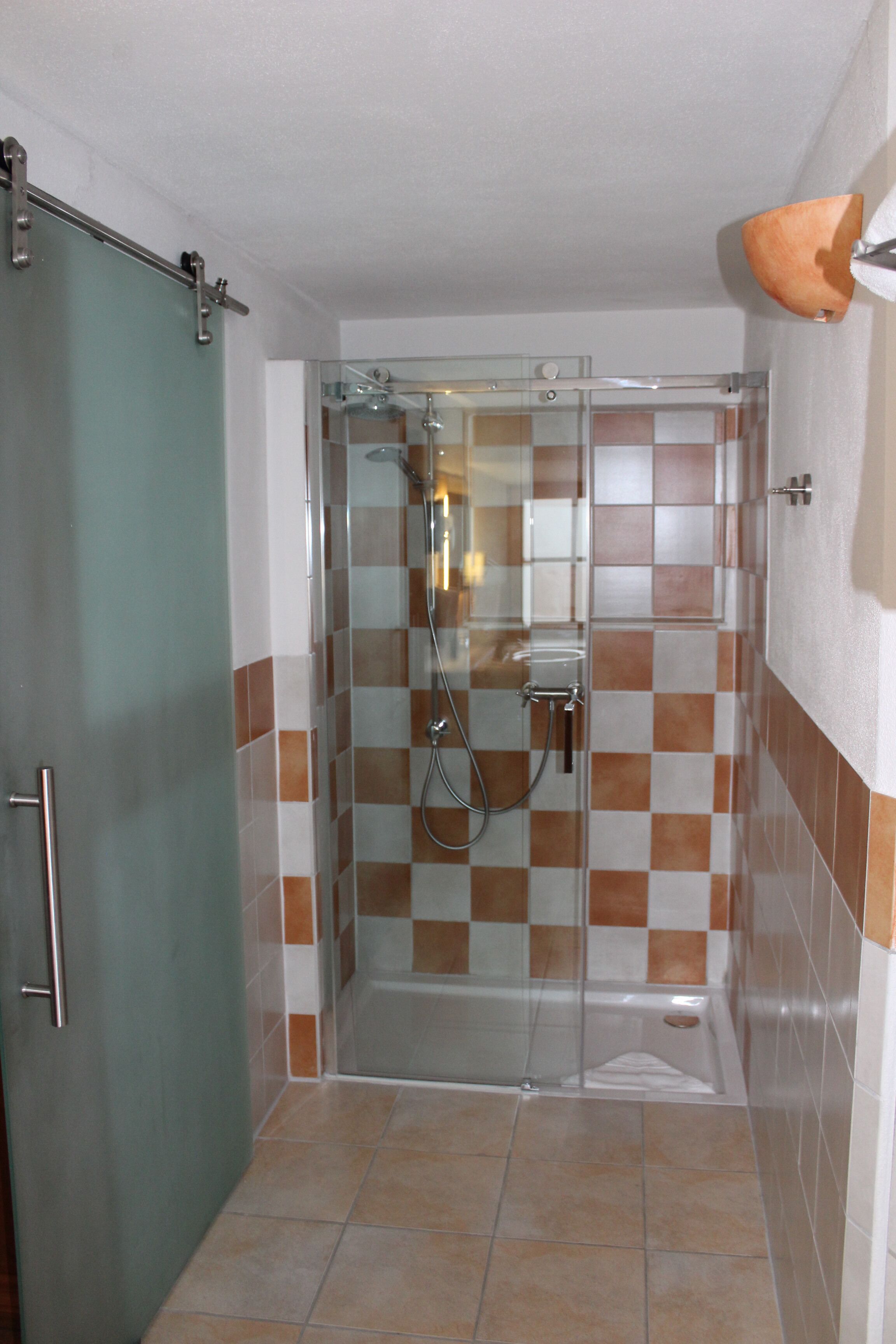 A glass-enclosed shower area with a checkered tile pattern on the walls and floor.