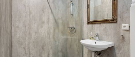 A modern bathroom with a glass-enclosed shower, a white sink, and a large mirror with an ornate frame.