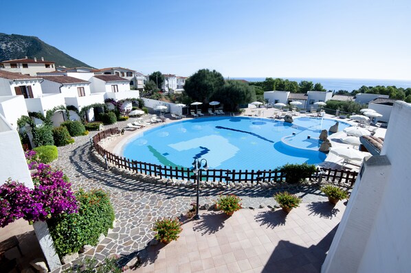 Outdoor pool, pool umbrellas, pool loungers