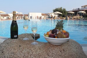 Outdoor pool, pool umbrellas, pool loungers