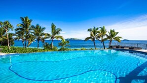 Una piscina azul cristalina con vistas al océano y palmeras.