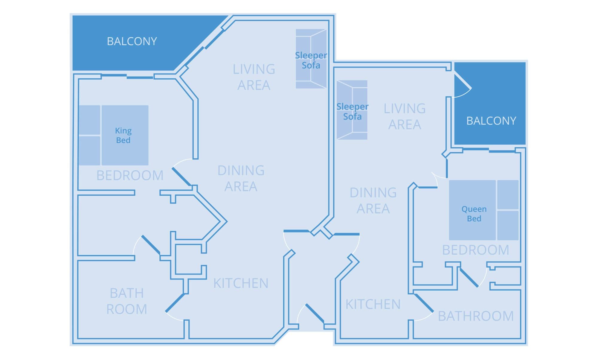 Grundriss mit Balkon, zwei Schlafzimmern, Wohnbereich, Essbereich, Küche und Bad.