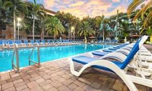 Outdoor pool, pool umbrellas, pool loungers