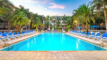 Outdoor pool, pool umbrellas, pool loungers