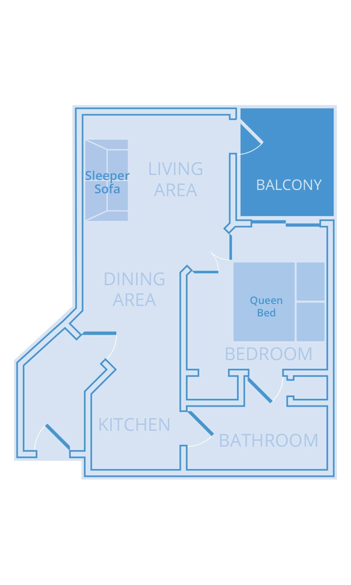 Ein Grundriss eines Hotels mit beschrifteten Bereichen, darunter Wohnbereich, Essbereich, Küche, Badezimmer, Schlafzimmer und Balkon.