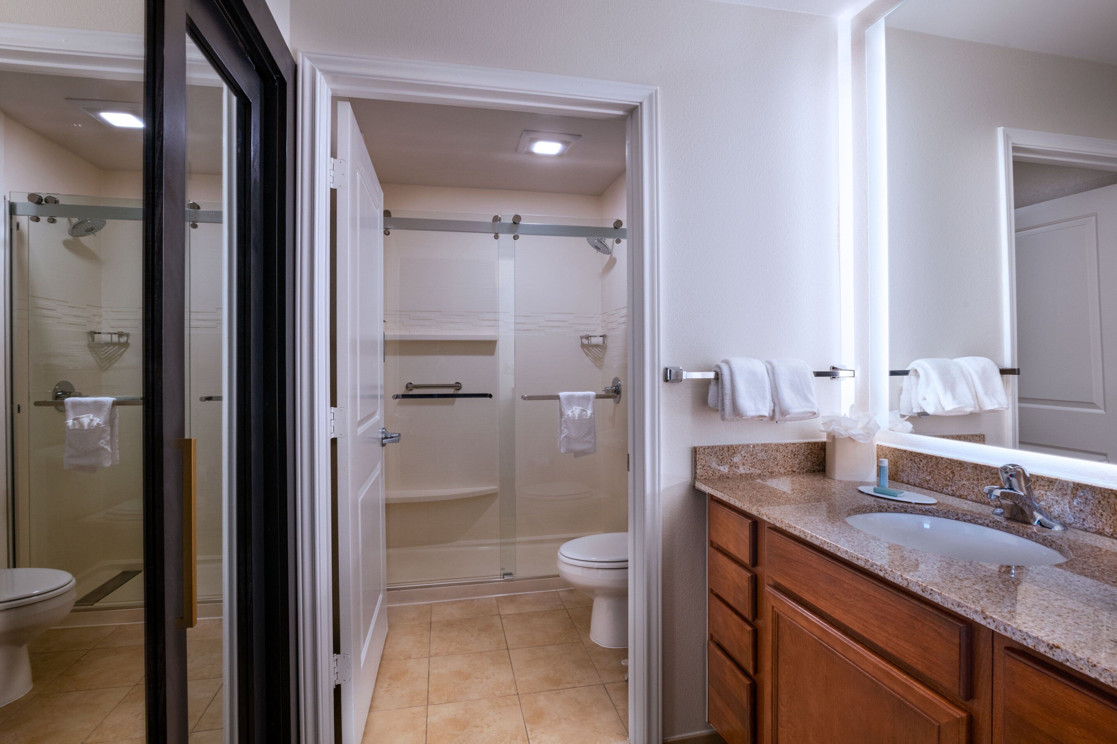 combined shower/bathtub, free toiletries, hair dryer, towels