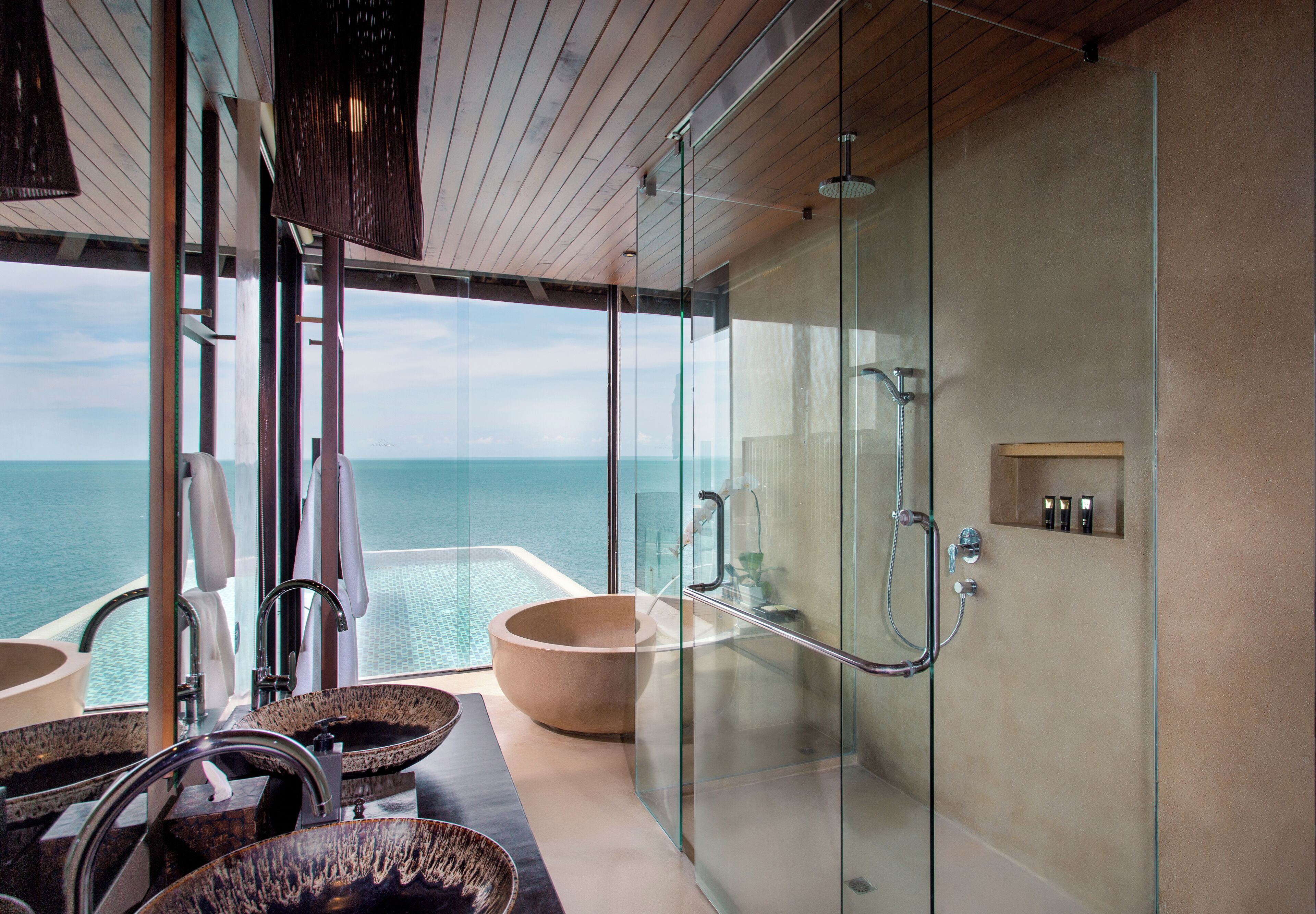 ocean front pool villa | bathroom | separate bathtub and shower, deep-soaking bathtub, free toiletries