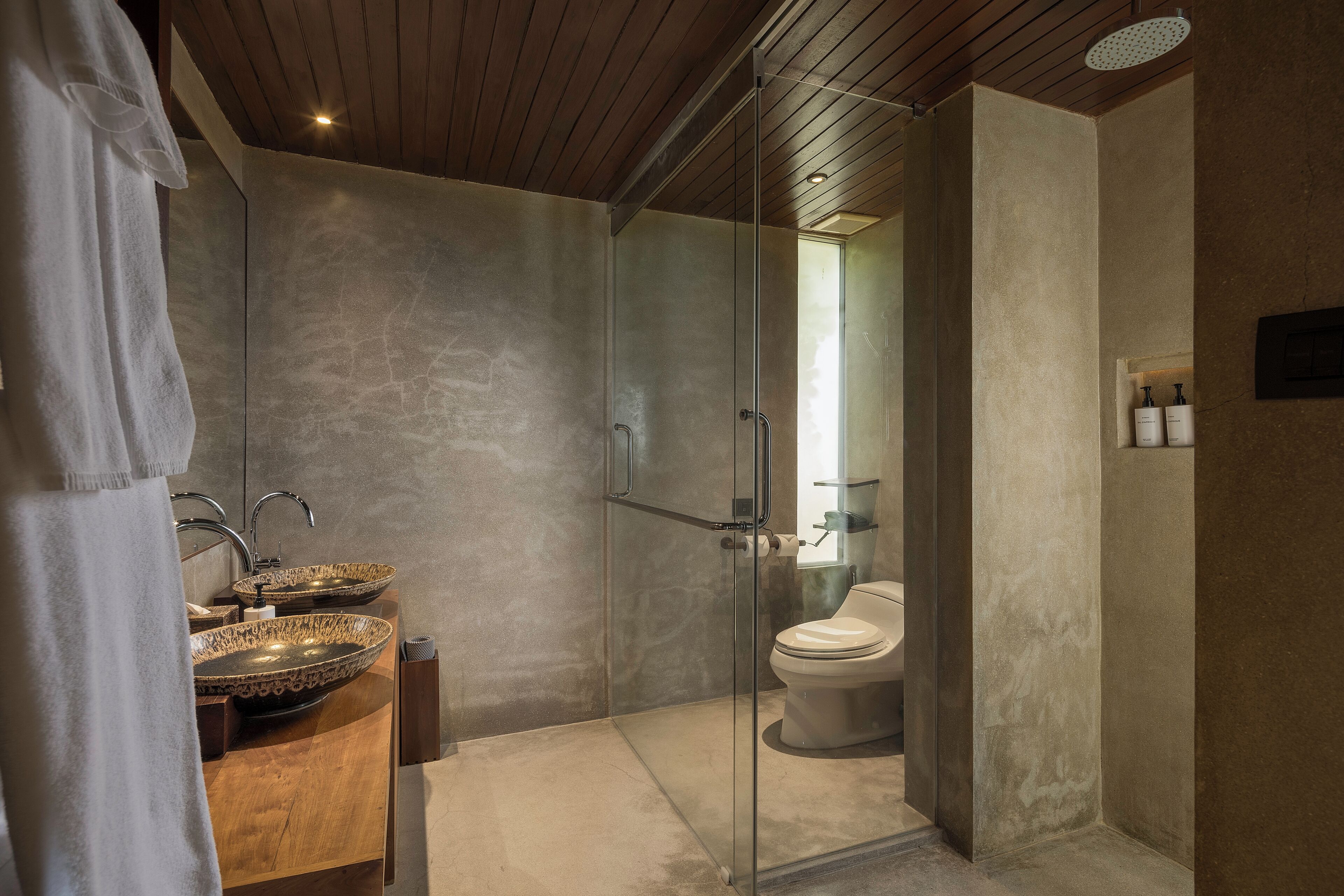 A modern bathroom with a glass-enclosed shower, a wooden vanity with a bowl sink, and a toilet.