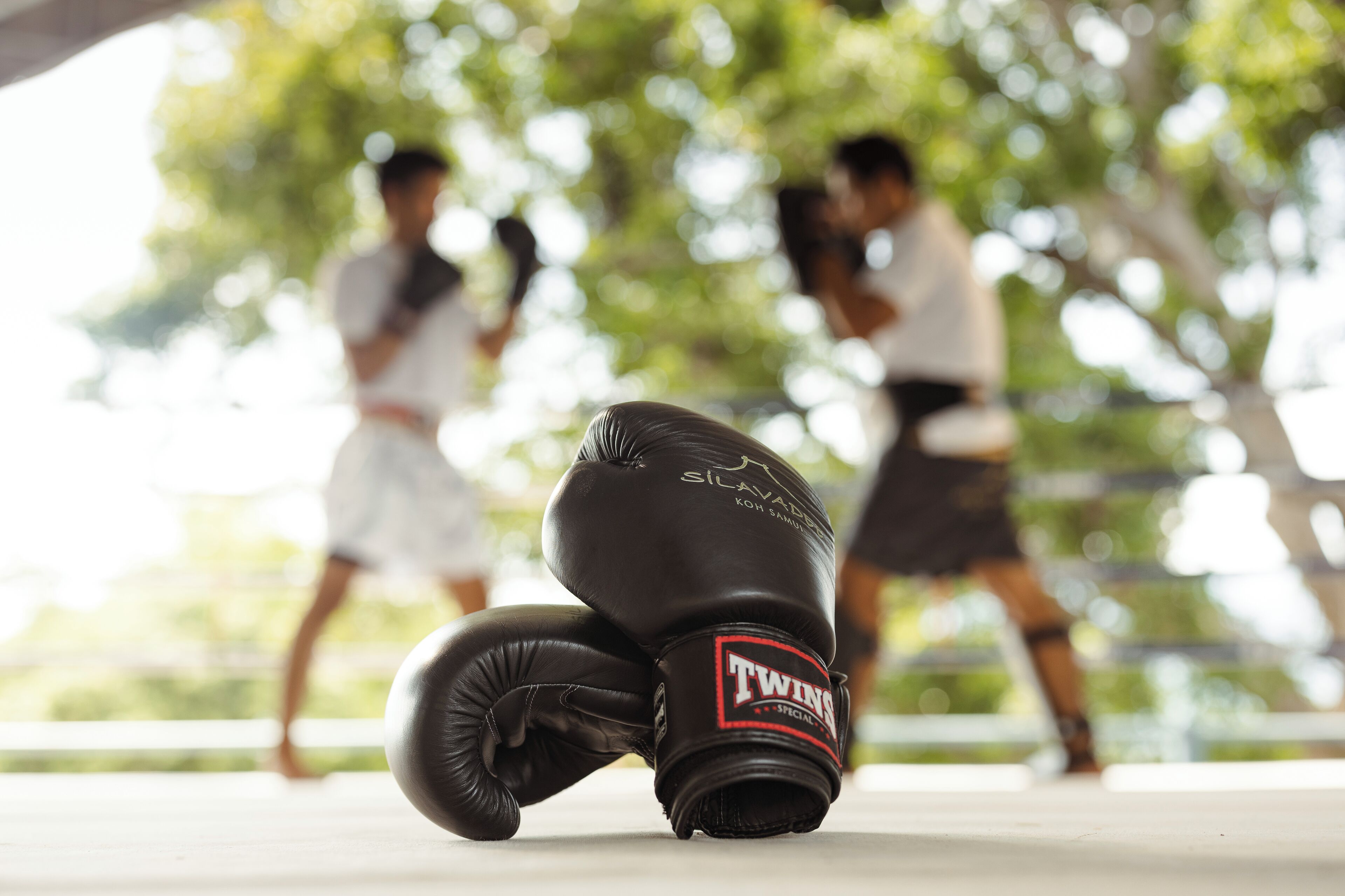 Une paire de gants de boxe posée sur un tapis, avec un arrière-plan flou où l’on aperçoit des personnes.