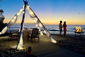 On the beach, white sand, free beach shuttle, beach cabanas