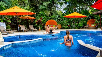 Outdoor pool, open 8:00 AM to 6:00 PM, pool umbrellas, sun loungers