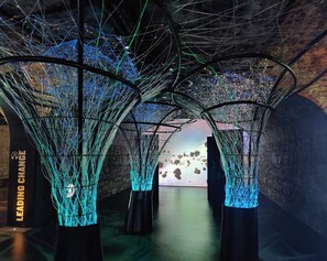 Un espacio interior con estructuras iluminadas que recuerdan a árboles, una pared de piedra y un suelo con tonalidades verdosas.