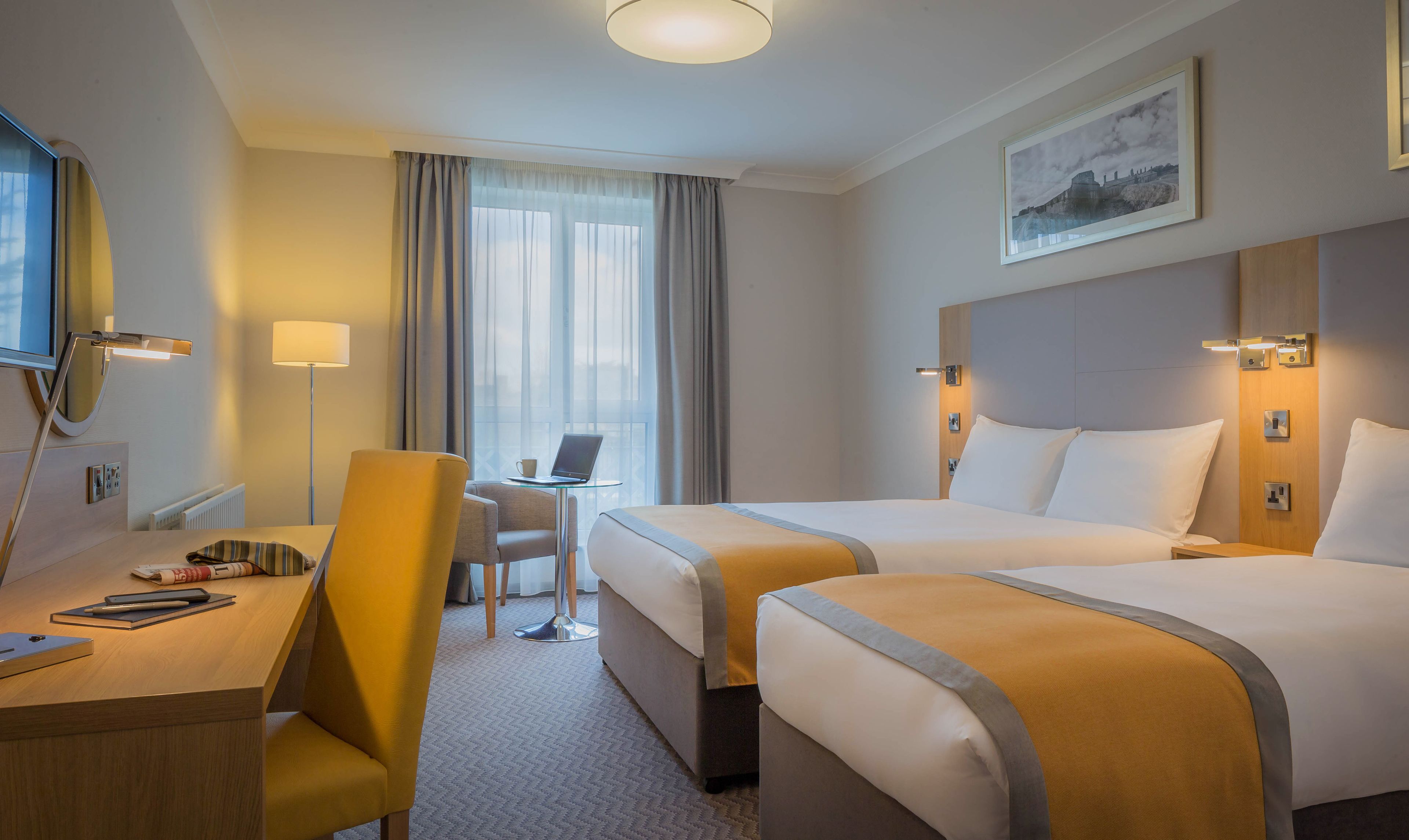 hypo-allergenic bedding, desk, laptop workspace, iron/ironing board